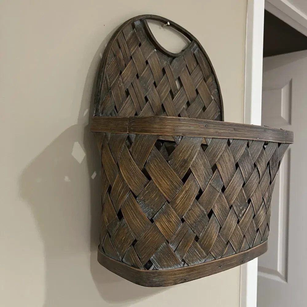 Vintage Handwoven Hanging Wall Basket Wood Splint Primitive Rustic Wall Pocket